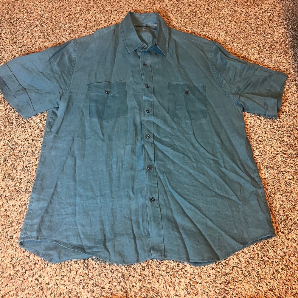 Neiman Marcus Mens Teal Linen‎ Button Down Short Sleeve Shirt L Large